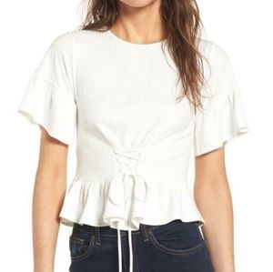 Wayf lace up ruffled Tee size Large in white